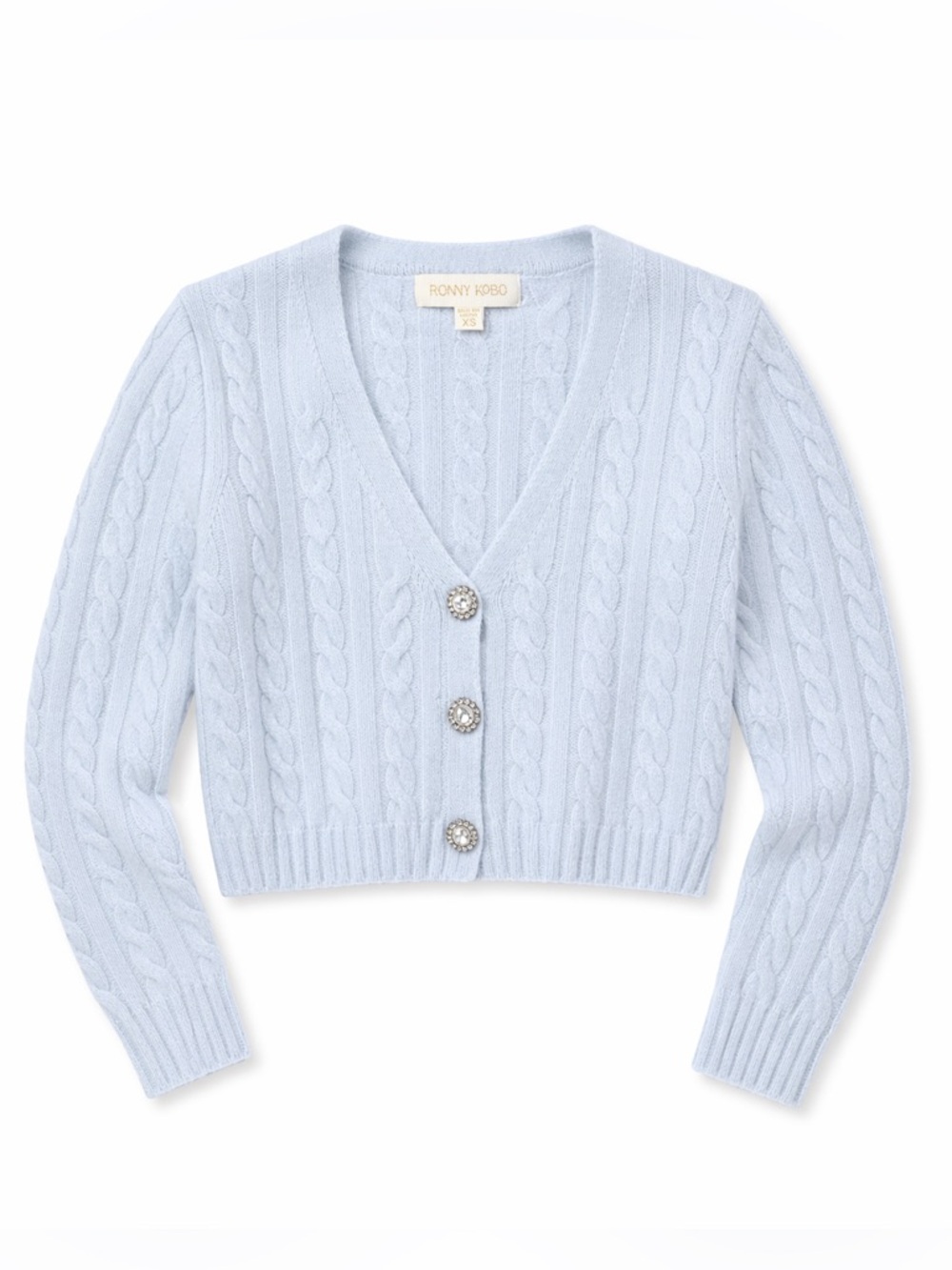 Ronny Kobo Cable Knit Cropped Cardigan Crystal Buttons Wool Cashmere XS